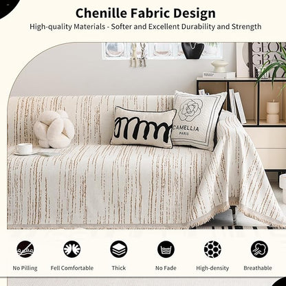 WEYOND Chenille Couch Cover Tassels, Sofa Cover Washable, 71" x 118", Khaki | Pet Friendly Sofa Slipcover for Sectional Sofa, Loveseat, 2 or 3 Cushion Couch, Corner Sofa, Futon Cover
