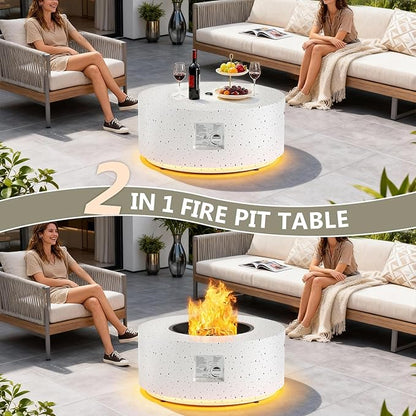 2-Piece Outdoor Propane Fire Pit Table Set w Tank Side Table 30'' Round Fire Pit Table 2-in-1 Firepit Table for Outside Gas Fire Pit w 304 Stainless Steel Burner 50,000 BTU, Speckled White w Warm LED
