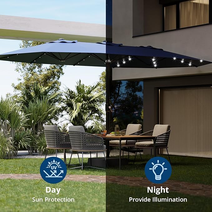 15FT Outdoor Patio Umbrella,Double-Sided Rectangle Market Umbrella with 36 LED Solar Lights & Base,UV50+ Weather-Resistant Oversized Outdoor Umbrella,Crank Lift,3-Way Shade for Pool,Garden,Backyard