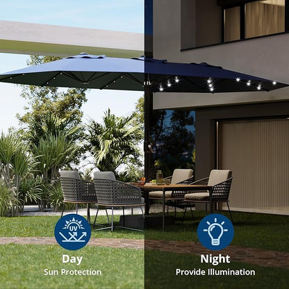 15FT Outdoor Patio Umbrella,Double-Sided Rectangle Market Umbrella with 36 LED Solar Lights & Base,UV50+ Weather-Resistant Oversized Outdoor Umbrella,Crank Lift,3-Way Shade for Pool,Garden,Backyard