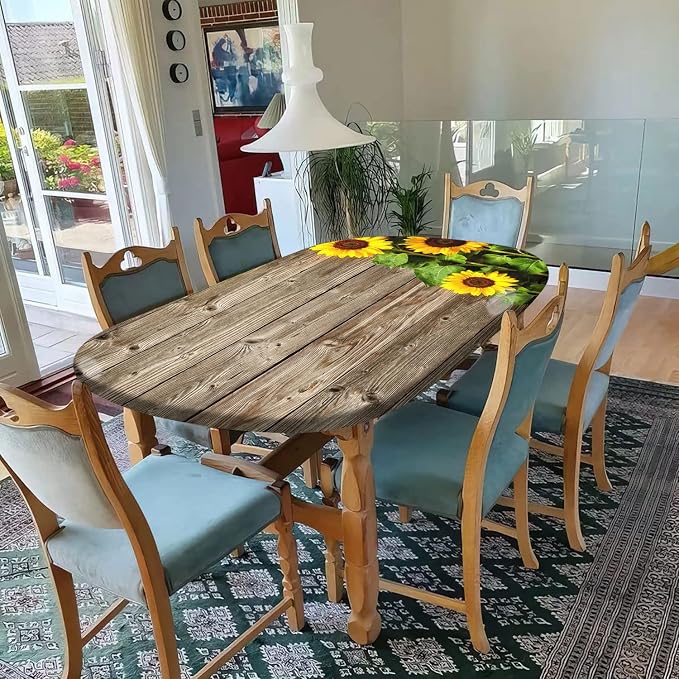 Autumn Sunflower Fitted Tablecloths Oval, Sunflower on The Wooden Floor Background Elastic Edged Table Cloths, Fits to 60"X84" Oblong Tables, Washable Table Cover for Thanksgiving Day Dinner Party