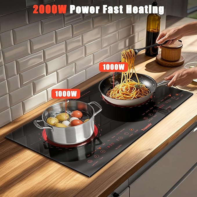 2 Burner Electric Cooktop, Two Burner Electric Stove 24 Inch, 2000W Countertop & Built-in Ceramic Cooktop for Camping, Outdoor, Child Lock, Timer, 8 Power Levels, 110V-120V Plug in, Orange
