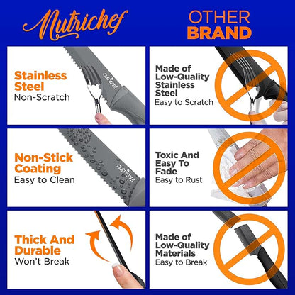 SereneLife Stainless Steel Knife Set, 8 Pcs. - Non-Stick Coating, Sharp Serrated Blades, Professional Kitchen Set, Rust-Resistant, Dishwasher Safe, Ideal for BBQ & Grilling, Gray