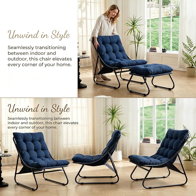 Rocking Chair with Ottoman, Modern Metal Frame Outdoor Rocker, Comfy Patio Lounge Chair with Footrest, Reading Glider Chairs for Living Room, Bedroom, Balcony, Garden, Relax, Navy Blue