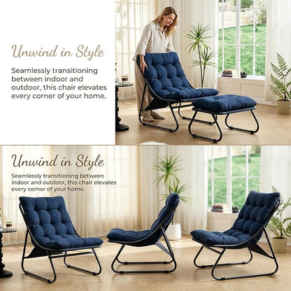 Rocking Chair with Ottoman, Modern Metal Frame Outdoor Rocker, Comfy Patio Lounge Chair with Footrest, Reading Glider Chairs for Living Room, Bedroom, Balcony, Garden, Relax, Navy Blue