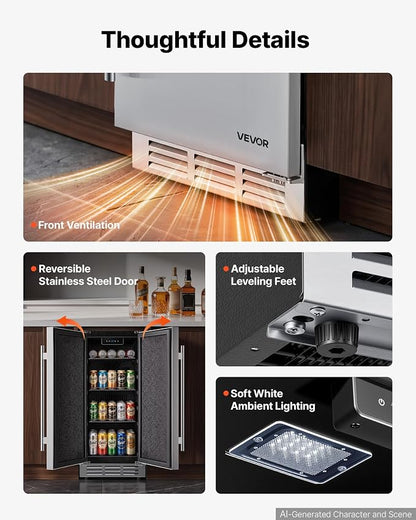 VEVOR Outdoor Beverage Refrigerator, 15 Inch Undercounter Drink Fridge | 304 Stainless Steel Door, 3.0 Cu. Ft, Hold 94 Cans, Powerful Cooling System, Built-in / Freestand Cooler, Home Bar & Patio