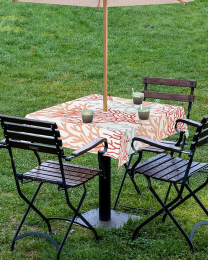 Red Orange Grey Coral Coastal Outdoor Tablecloth - 60x60 Inch Square Waterproof Dining Table Cover, Summer Beach Seaside Nautical Outdoor Table Cloth with Umbrella Hole & Zipper for Patio