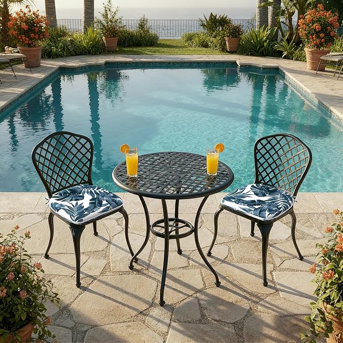 DYTXIII Set of 2 Outdoor Chair Cushions with Ties,Water Repellent Patio Chair Pads 17"x 16" for Outdoor Furniture,Round Corner Seat Cushions for Garden Yard Kitchen Palm Blue
