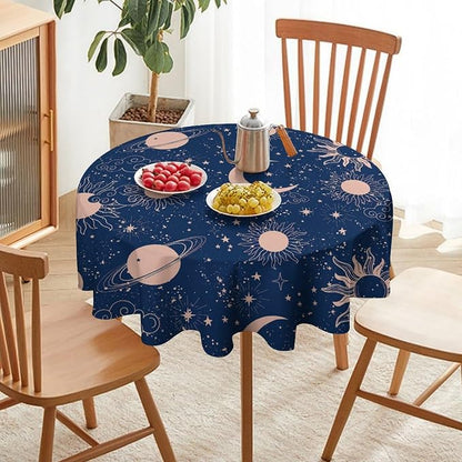 Moon Sun Round Tablecloth Vintage Star Magical Galaxy Space Boho Celestial Table Cloth Water Resistant Wipeable Table Cover for Farmhouse Picnic Party Holiday Kitchen Dinner Table 70"