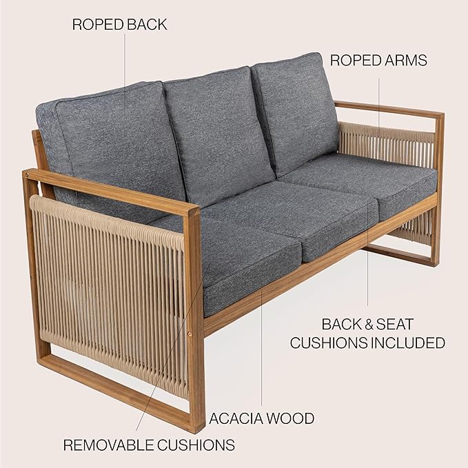 JONATHAN Y Gable Acacia Wood and Woven Rope 63" Outdoor Sofa, 3-Seater Patio Bench with Weather-Resistant Gray Cushions for Backyard and Porch, Bohemian Style, Teak Brown Finish SFB1002B