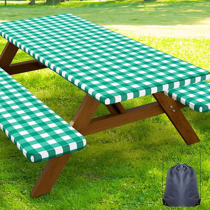 Smiry Picnic Table Cover with Bench Covers, Waterproof Elastic Fitted Tablecloths for 5 Foot Rectangle Tables, Washable Buffalo Plaid Tablecloth for Camping, Outdoor (Green & White, 30"x60")