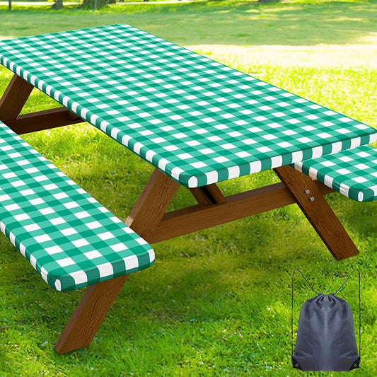Smiry Picnic Table Cover with Bench Covers, Waterproof Elastic Fitted Tablecloths for 5 Foot Rectangle Tables, Washable Buffalo Plaid Tablecloth for Camping, Outdoor (Green & White, 30"x60")