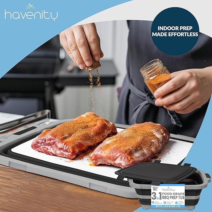 BBQ Prep Tub 16L - Multifunctional Collapsible Camping Cutting Board with Upgraded Locking lid, Meat Storage Container for Meal Prep, Dish Basin Bowl Perfect for Grilling, Outdoor Cooking XL