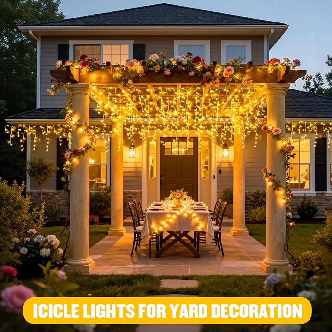 JMEXSUSS Icicle Lights for Outside, 400 LED 38.8FT | Christmas Lights Outdoor Indoor Plug in, Warm White String Lights for Christmas House Patio Party Fireplace Decorations