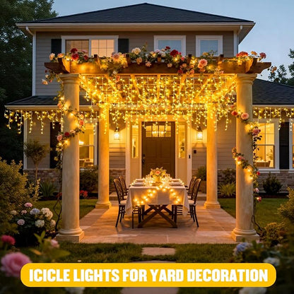 JMEXSUSS Icicle Lights for Outside, 400 LED 38.8FT | Christmas Lights Outdoor Indoor Plug in, Warm White String Lights for Christmas House Patio Party Fireplace Decorations