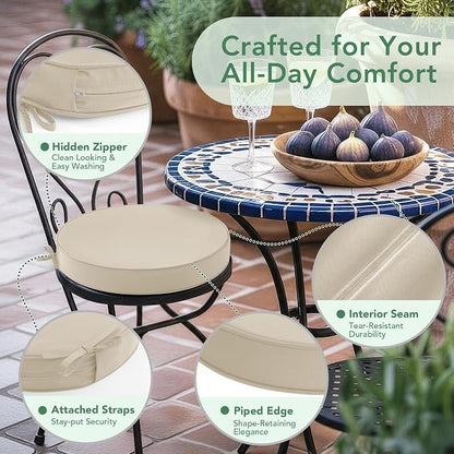 Summsun Outdoor Bistro Chair Cushions Set of 4, 15" D x 3" H Round Chair Cushions Waterproof and Fade Resistant Chair Cushion Pads with Non-Slip Ties and Removable Covers for Garden, Cream