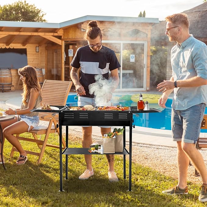 47in Portable Charcoal Grills,Foldable Kabob Barbecue Grill,Outdoor BBQ Grill Stove,Commercial Metal Camping Charcoal Grills,with Carry Bag,for Patio, Hiking, Picnic, Beach, Backyard (Black-B)