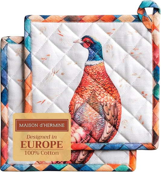 Maison d' Hermine Pot Holders Set 100% Cotton Heat Resistant Potholders 8" x 8" Hot Pads with Loop for Thanksgiving Christmas Decorations BBQ Baking Handling Hot Pans (Pack of 2, Faisan D'Automne)