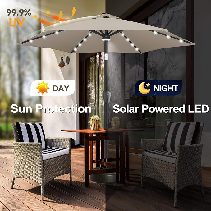 FLAME&SHADE Solar Patio Umbrella with Centre Light, 7.5 FT Taupe | UV Protection, Small Solar Outdoor Umbrella for Porch, Deck, Backyard, Garden, Provides Evening Lighting, 24 LED Lights