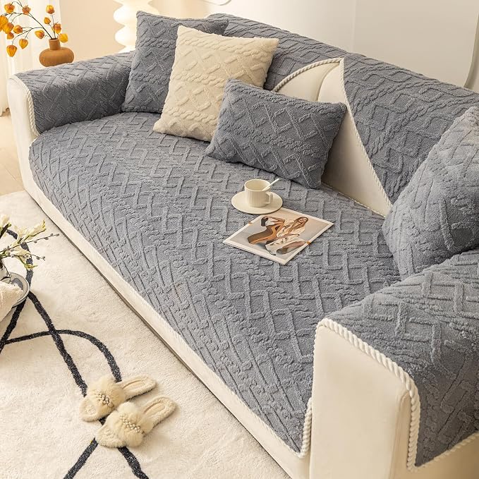 vctops Geometric Jacquard Plush Sofa Couch Covers Farmhouse Neutral Non Slip Sectional Couch Cover Soft Warm Sofa Slipcover for Dogs, Children, Pets Furniture Protector (Greyish Blue,28"x47")