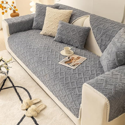 vctops Geometric Jacquard Plush Sofa Couch Covers Farmhouse Neutral Non Slip Sectional Couch Cover Soft Warm Sofa Slipcover for Dogs, Children, Pets Furniture Protector (Greyish Blue,28"x47")
