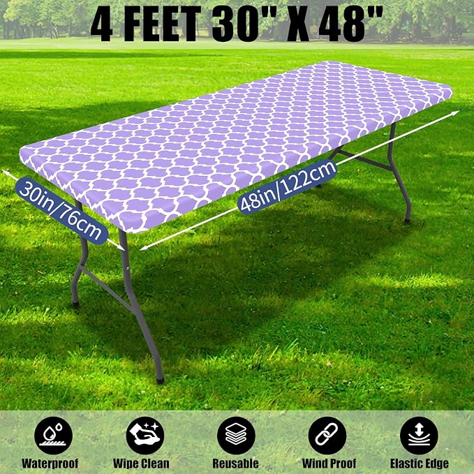 Smiry 2 Pack Rectangle Table Cloth 4 Foot, Waterproof Elastic Fitted Tablecloths, Windproof Washable Polyester Table Cover for Picnic, Camping, Outdoor (Lavender, 30"x48")