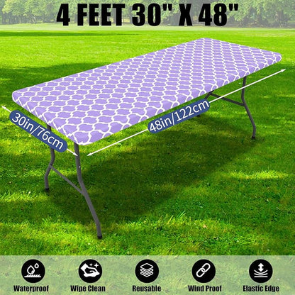 Smiry 2 Pack Rectangle Table Cloth 4 Foot, Waterproof Elastic Fitted Tablecloths, Windproof Washable Polyester Table Cover for Picnic, Camping, Outdoor (Lavender, 30"x48")