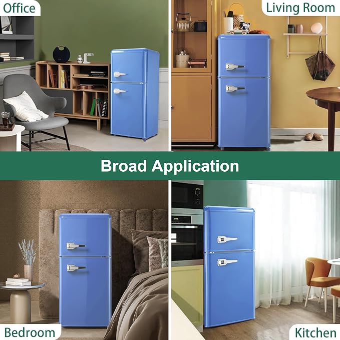 Retro Mini Fridge with Freezer 4.0 Cu. Ft, Small Refrigerator with 7 Level Adjustable Thermostat, Compact Classic Dual Door Fridge Removable Glass Shelves for Apartments, Dorm, Office, Blue