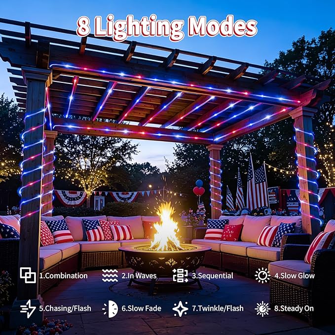 Red White and Blue Solar Rope Lights Waterproof, Solar String Lights for 4th of July Decorations, 33ft 100LED Patriotic Lights Outdoor Indoor for Independence Day Memorial Day