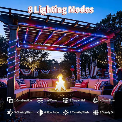 Red White and Blue Solar Rope Lights Waterproof, Solar String Lights for 4th of July Decorations, 33ft 100LED Patriotic Lights Outdoor Indoor for Independence Day Memorial Day