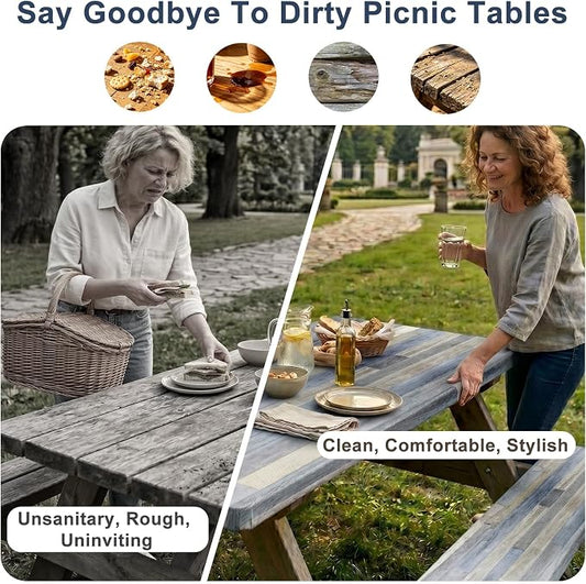 Picnic Table Cover with Bench Covers Windproof Waterproof Picnic Table Covers Camping Tablecloth with Self-Storage Bag, 72in, Grey