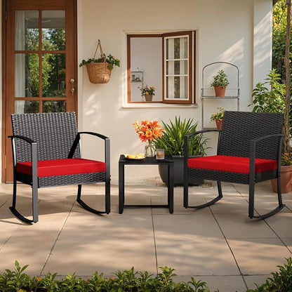 Greesum 3 Piece Patio Furniture Set, All-Weather Imitation Rattan Conversation Set, Outdoor Rocking Chair Bistro Set with Glass Top Coffee Table for Pool, Deck, Porch, Garden or Balcony, Red
