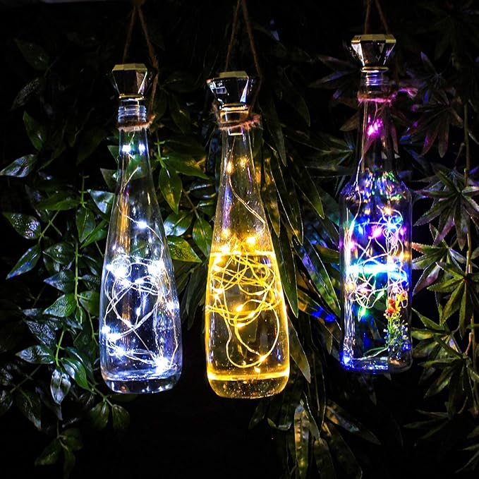 Solar Diamond Wine Bottle Lights 10 Pack 20LED Outdoor Waterproof Multicolor Fairy Light String (3 Colors), Suitable for Most Wine Bottle Mouths, for Garden, Terrace, Party Decoration