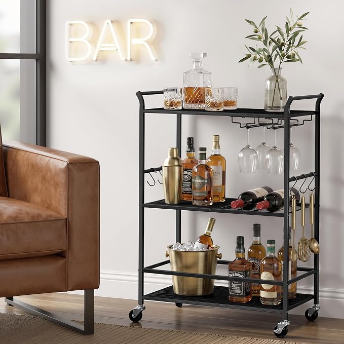 VASAGLE 3-Tier Bar Cart, Steel Serving Cart on Wheels with Wine Rack and Glass Holder, 25.4 x 12.6 x 33.7 Inches, Black, for Kitchen and Living Room, Barnet Collection ULRC200B101