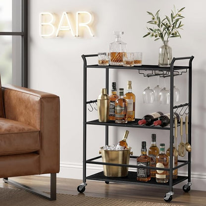 VASAGLE 3-Tier Bar Cart, Steel Serving Cart on Wheels with Wine Rack and Glass Holder, 25.4 x 12.6 x 33.7 Inches, Black, for Kitchen and Living Room, Barnet Collection ULRC200B101