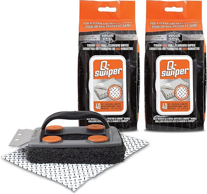 Proud Grill Q-Swiper Grill Cleaner Set - Bristle & Wire-Free Brush with Scraper & 80 Moist Wipes - BBQ Smoker Cleaner Kit, Safe for Outdoor Griddle Grates, Grease & Grime Remover, BBQ Gift for Men