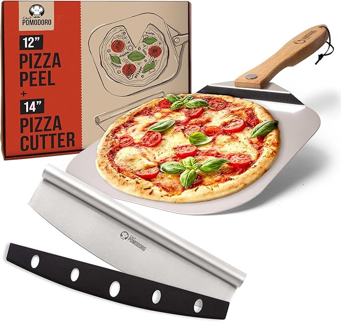 Chef Pomodoro Pizza Peel and Cutter Set, Foldable Handle, 12x14 in | Commercial-grade Aluminum, Foldable Wood Handle; Pizza Spatula/Paddle for Bread & Pastries; Compact for Storage