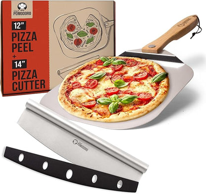 Chef Pomodoro Pizza Peel and Cutter Set, Foldable Handle, 12x14 in | Commercial-grade Aluminum, Foldable Wood Handle; Pizza Spatula/Paddle for Bread & Pastries; Compact for Storage