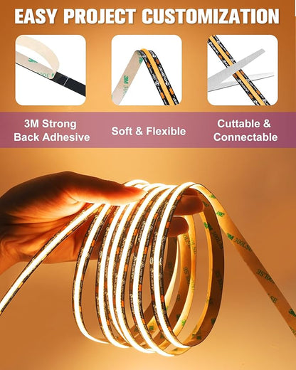 HitLights COB LED Strip Lights Warm White 2700K, 16.4ft Premium 12V Tape Light High Density, 2400 LEDs, 305+ LM/FT, CRI 90+, IP30, Lighting for Kitchen, Cabinets, UL Listed (Power Source Not Included)