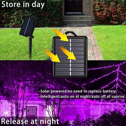 Solar Halloween String Lights, Purple 200Led, Outdoor Waterproof | 2 Pack Total 400Led 144Ft 8 Mode Timer, IP44 Outside Fairy Lights for Tree, Garden, Patio, Lawn, Yard Decorations