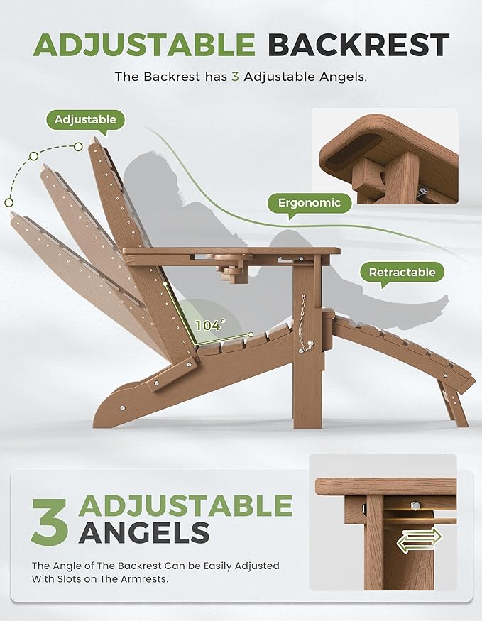 Ciokea Folding Adirondack Chair Set of 6 with Retractable Ottoman Fire Pit Patio Chair with Pull Out Foot Rest Weather Resistant Lawn Outdoor Chair with 2 Cup Holder (Teak)