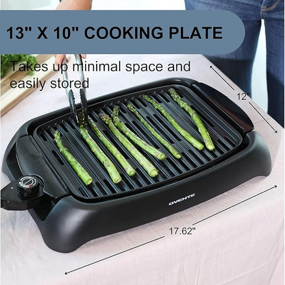 OVENTE Electric Indoor Grill with 13x10 Inch Non-Stick Cooking Surface, 1000W Fast Heat Up Power, Adjustable Temperature, Removable and Dishwasher Safe Grilling Plate and Drip Tray, Black GD1632NLB