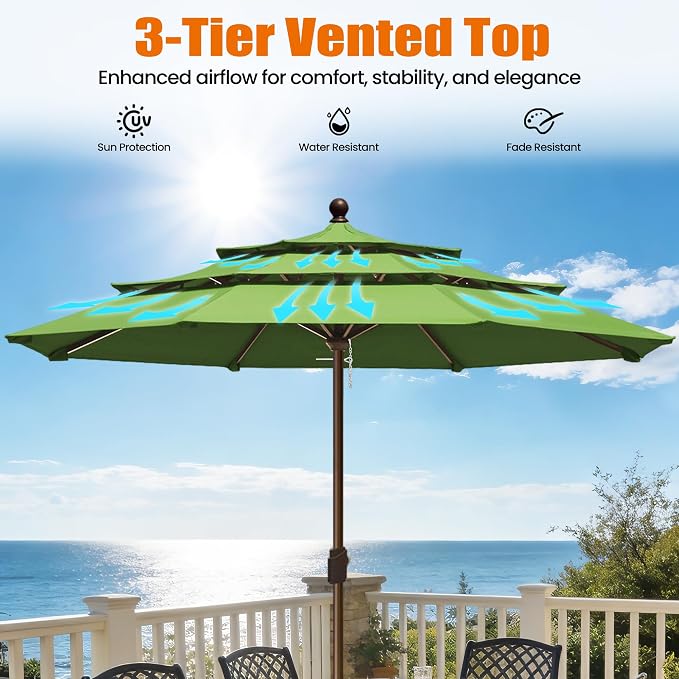 EliteShade USA 10-Year-Non-Fading 10ft 3-Tier Market Patio Umbrella, Commercial Grade Outdoor Table Umbrella with Crank Open, Windproof & UPF 50+ UV Protection, Heavy Duty Ventilation for Garden, Deck, Pool, Backyard, Beach & Bistro, No Tilt, Ginkgo