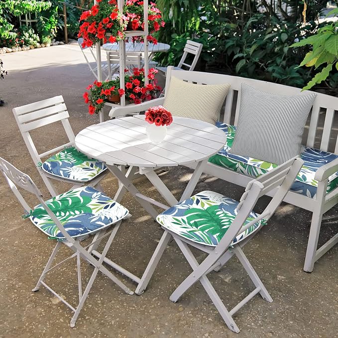 DYTXIII Set of 4 Outdoor Chair Cushions with Ties,Water Repellent Patio Chair Pads 17"x 16" for Outdoor Furniture,Round Corner Seat Cushions for Garden Yard Kitchen Islamorada Blue Green