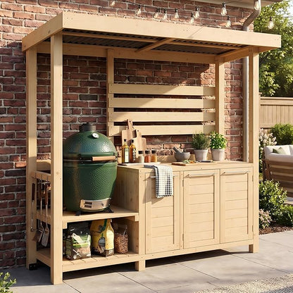ECACAD Outdoor Kitchen Island with Canopy & Trash Can Cabinet, 6.7FT Cedar Wood Grill Bar Counter Table with Storage Cabinet & Shelves, Grill Pavilion for Patio Kitchen, Backyard, Garden, Natural