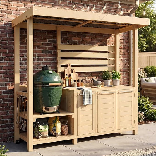 ECACAD Outdoor Kitchen Island with Canopy & Trash Can Cabinet, 6.7FT Cedar Wood Grill Bar Counter Table with Storage Cabinet & Shelves, Grill Pavilion for Patio Kitchen, Backyard, Garden, Natural