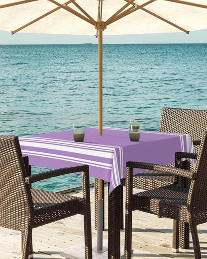 QueenKer Farmhouse Outdoor Tablecloth with Umbrella Hole, Purple White Stripe Square Tables Zippered Table Cloth Waterproof Tabletop Table Cover Collection for Patio, Garden, Picnic, Camping, Dining