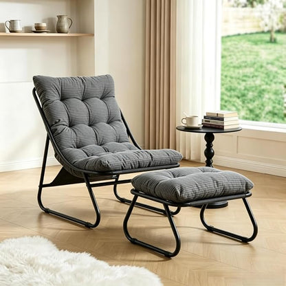 Rocking Chair with Ottoman, Modern Metal Frame Outdoor Rocker, Comfy Patio Lounge Chair with Footrest, Reading Glider Chairs for Living Room, Bedroom, Balcony, Garden, Relax, Grey