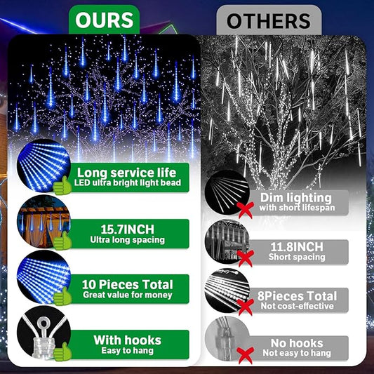 LAMPHOME Christmas Lights Outdoor,12-inch LED Meteor Shower Icicle Lights, 10 Tubes 240 LED String Lights. Waterproof Plug, Shower Rain for Xmas Tree Yard House Decor Blue