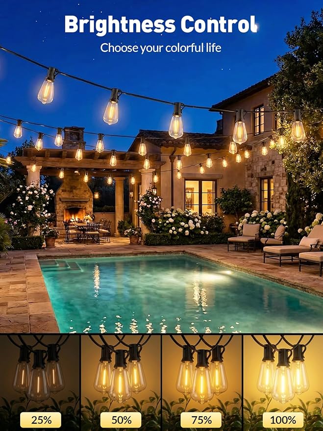 100ft-Solar-String-Lights-Outdoor-Waterproof-Solor-Powered-Patio-Light-Hanging-Outside-Backyard-Camping-Yard-Gazebo-Garden-Pergola-Bistro-Balcony-Cafe-Party-Fence-Lighting LED Edison Bulb & Remote